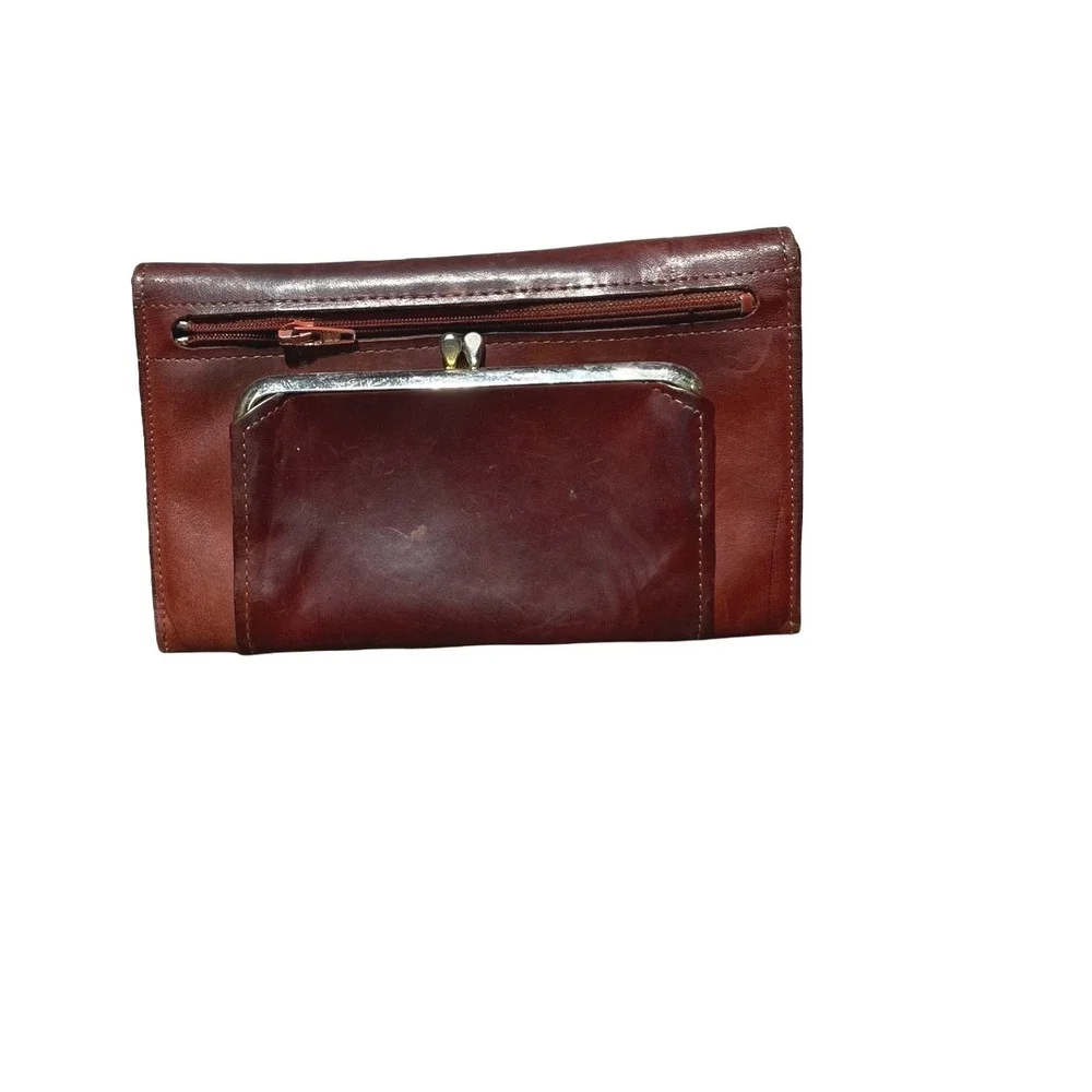 Vintage Rolfs Brown Leather Tri-Fold Clutch Wallet Kiss Lock Coin Purse Mahogany - Picture 2 of 10